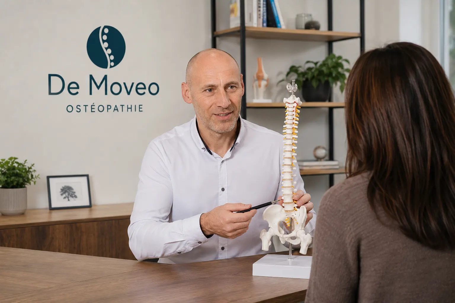 Sébastien Barthélemy présentant la colonne vertébrale au cabinet De Moveo Ostéopathie à Nyon