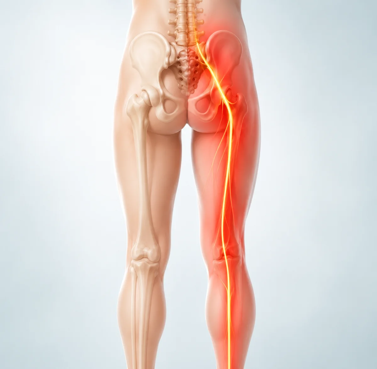 Illustration du trajet du nerf sciatique de la fesse jusqu’à la jambe