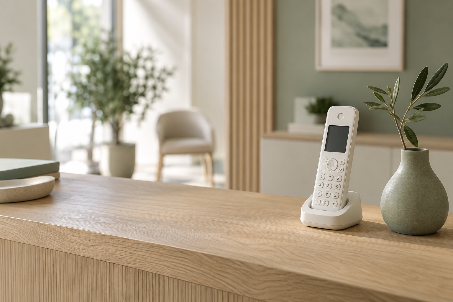 Illustration : téléphone ivoire sur un comptoir en bois dans un espace lumineux aux tons vert sauge