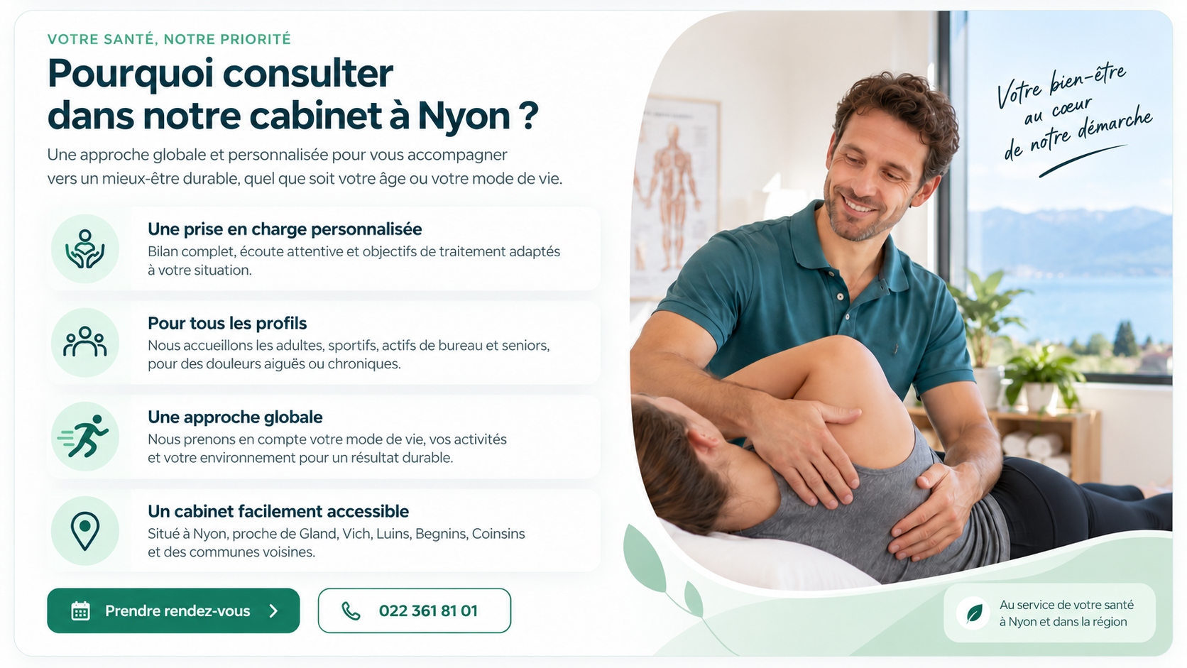 Ostéopathe accompagnant une patiente dans un cabinet lumineux
