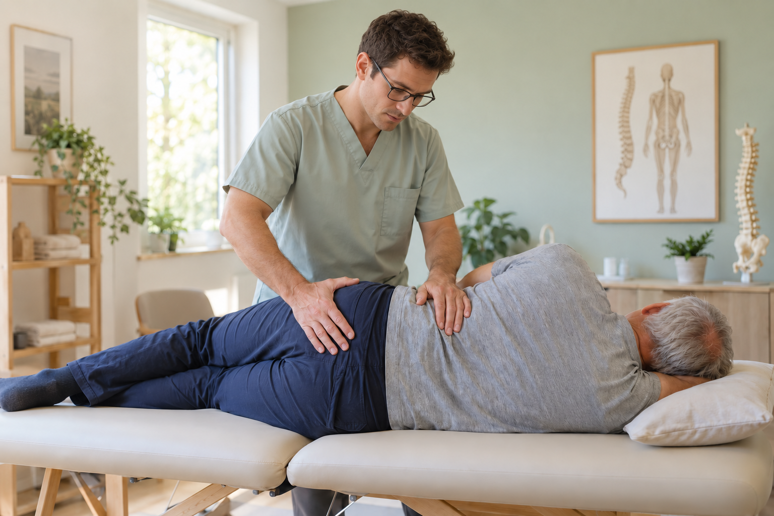 Illustration : mobilisation douce du bas du dos d’un patient allongé sur le côté